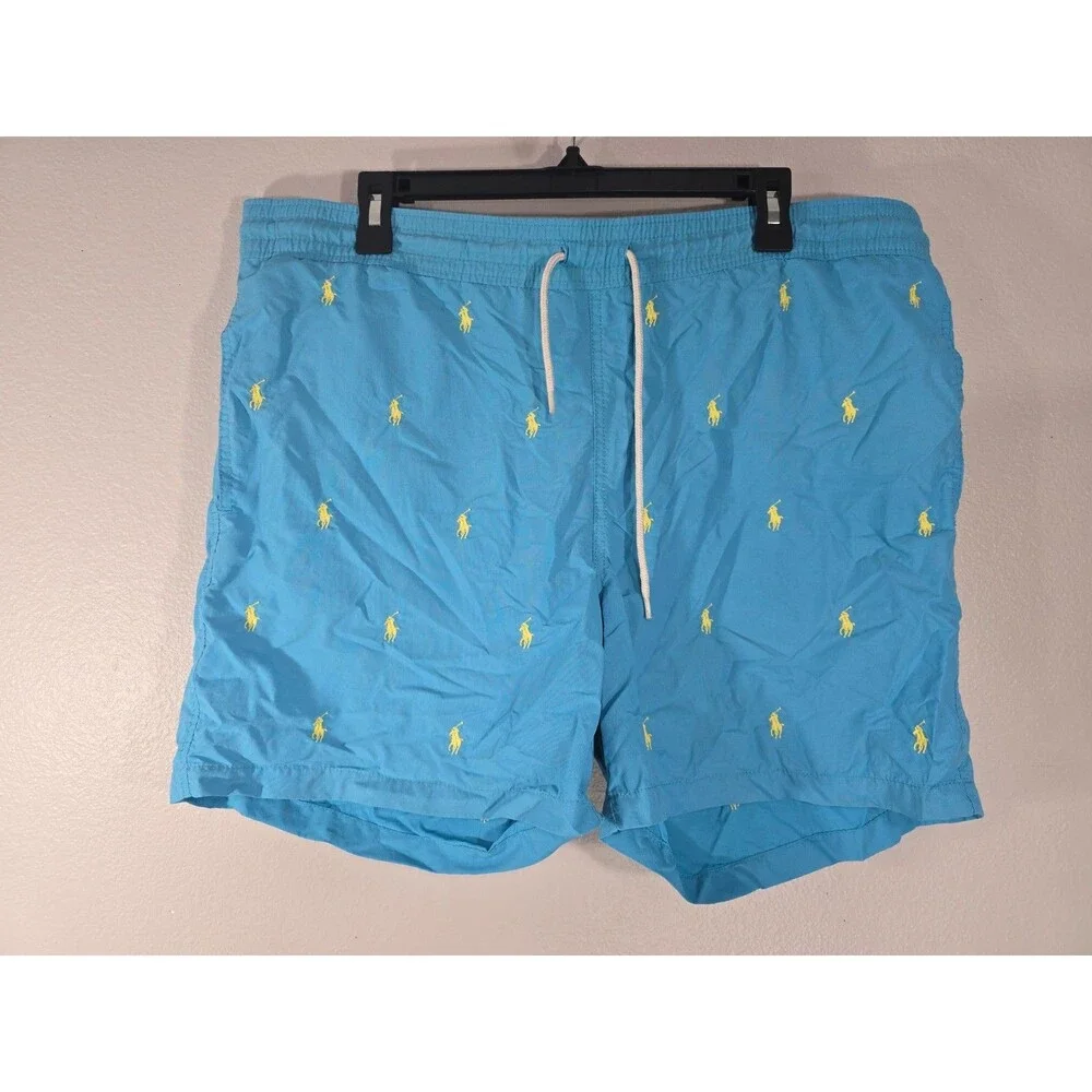 Polo Ralph Lauren Men's Swim Trunks Large Blue Yellow  Pony Logo *Cut Liner* BE
